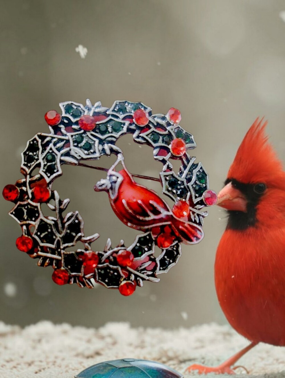 Red Cardinal Wreath Brooch